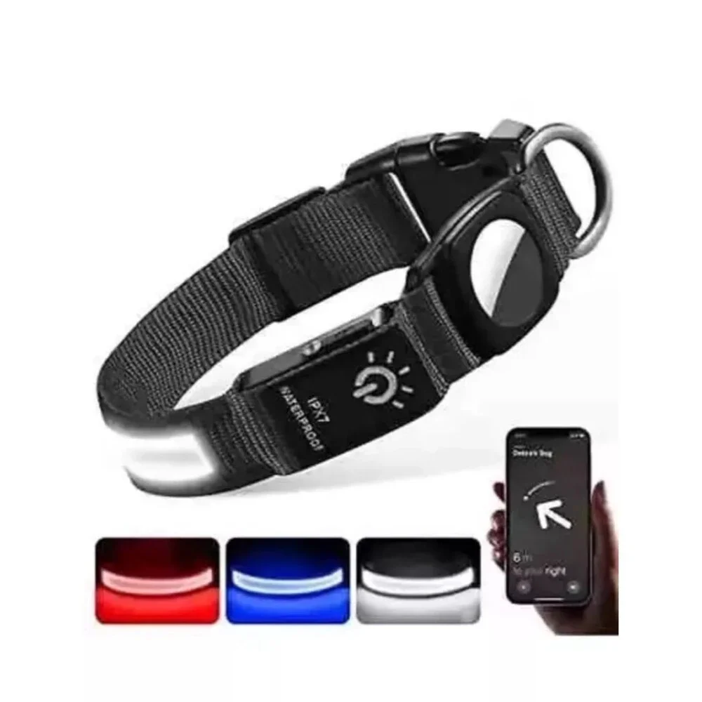Air Tag Dog Collar Blue with Airtag Holder[Ipx7 Waterproof] Light up Medium LED
